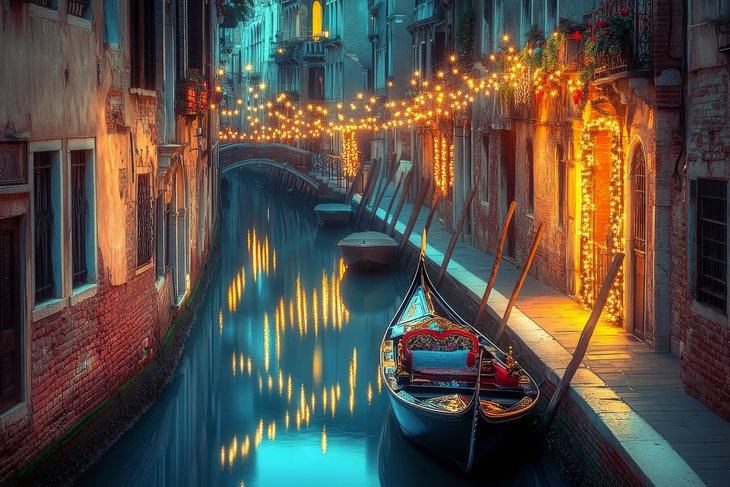 Weihnachtslichter in einem schmalen Kanal, Venedig