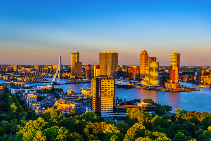 Skyline von Rotterdam mit der Erasmus-Brücke, Niederlande